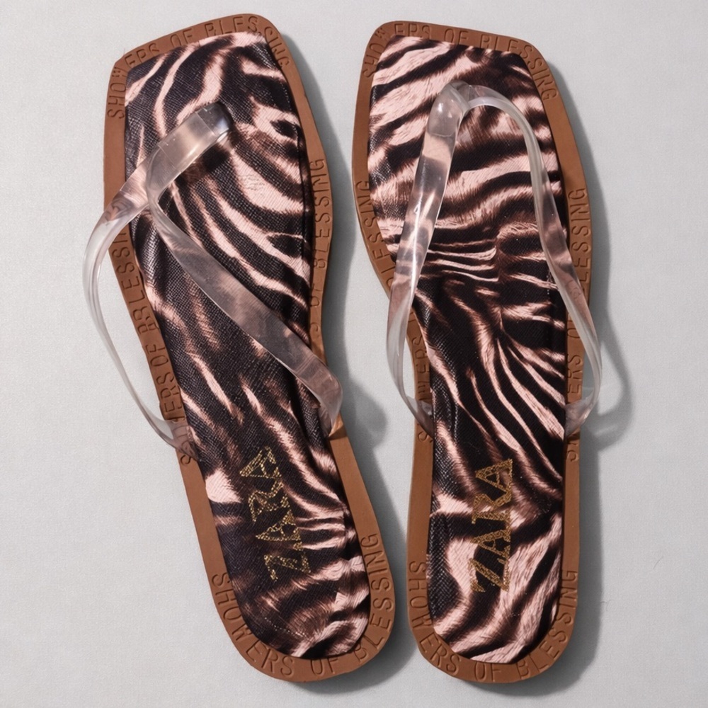 ZARA Zebra Print Flip Flop Sandals Clear Strap Thong Slides Size 41 / US 10